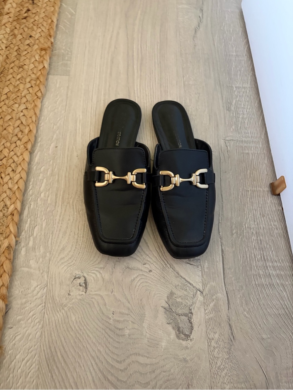 BCBGeneration Black Leather Slip-On Mule with Gold Horsebit Accent